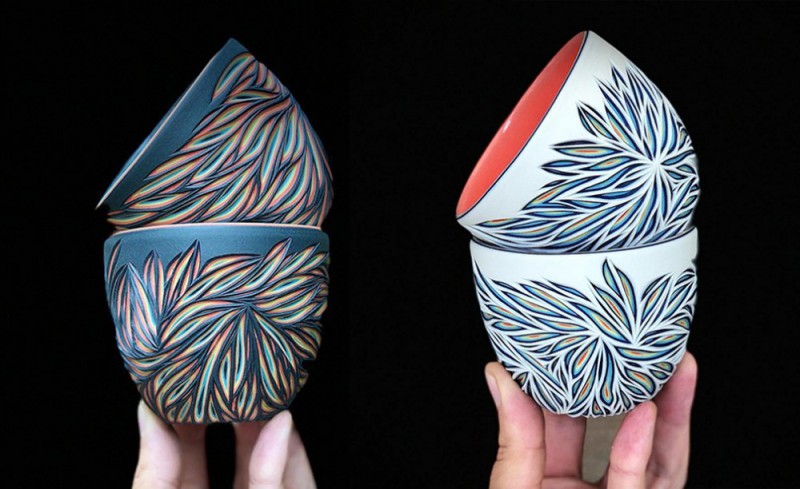 彩纹陶瓷雕刻五彩缤纷 朴实陶瓷杯藏着炫丽色彩