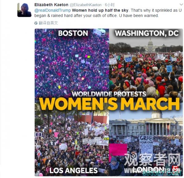 百万民众游行反特朗普 “妇女能顶半边天”爆红